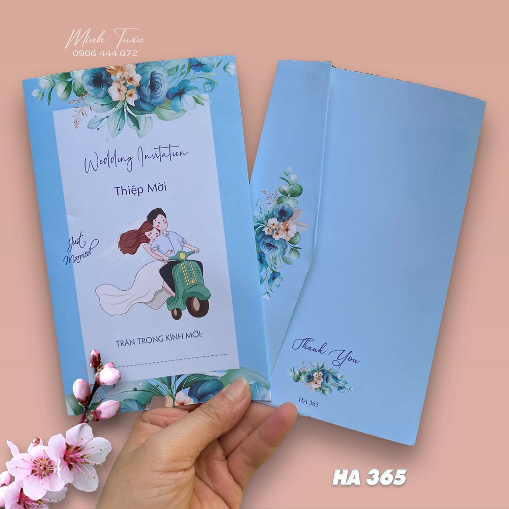 In thiệp cưới giá rẻ. Mẫu thiệp cưới màu xanh yêu thích