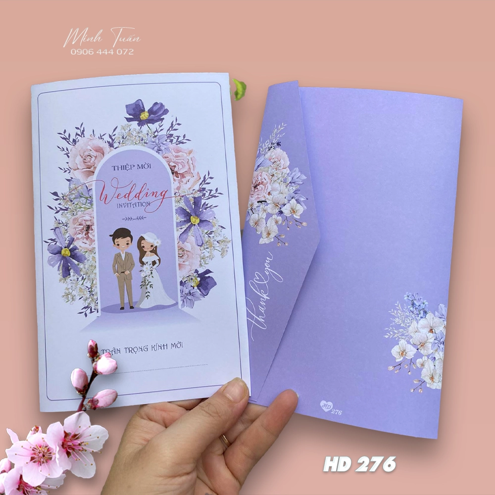 In thiệp cưới giá rẻ. Mẫu thiệp cưới hoa wedding tím