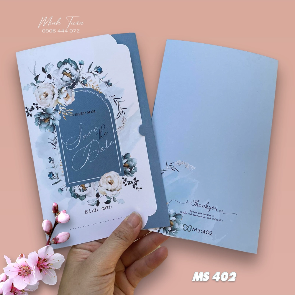 In thiệp cưới giá rẻ. Mẫu thiệp cưới hoa lá màu xanh