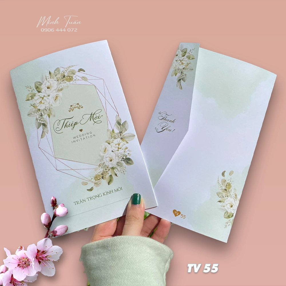 In thiệp cưới giá rẻ. Mẫu thiệp cưới màu trắng xanh